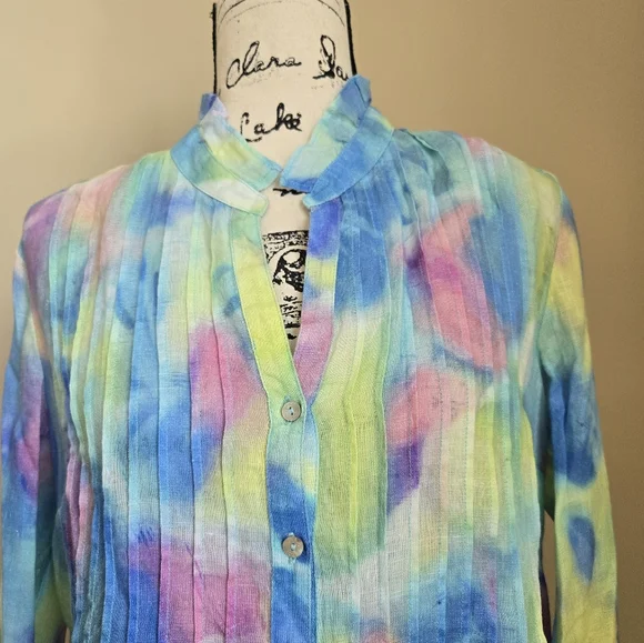 120 Lino Pintuck Linen Shirt Womens 42/S Colorful Pastel Long Sleeve